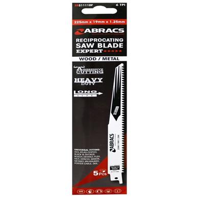 Abracs RBS1111DF Recipro Saw Blades 6TPI Wood/Metal Coarse Cut 225 x 19 x 1.25mm Pack of 5  * Clearance *