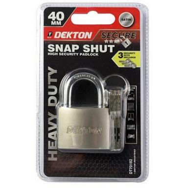 Dekton DT70182 40mm Heavy Duty Snap Shut Satin Padlock & 3 Keys