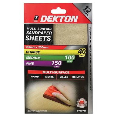 Dekton DT80700 Sandpaper Sheets Assorted Fine/Medium/Coarse Pack of 12