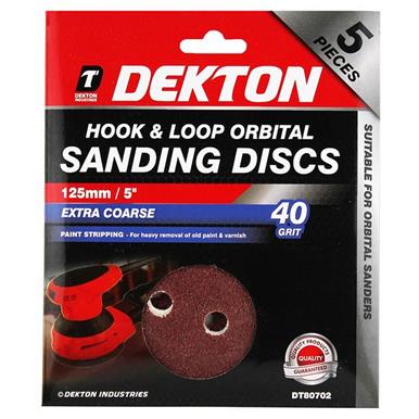 Dekton DT80702 125mm Hook & Loop Orbital Sanding Discs 40G Pack of 5