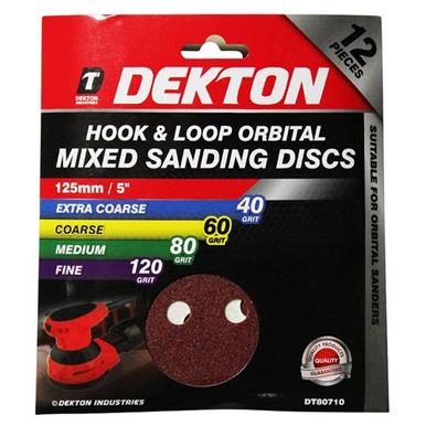 Dekton DT80710 125mm Hook & Loop Orbital Sanding Discs Assorted Pack of 12