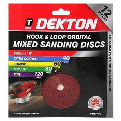 Dekton DT80720 150mm Hook & Loop Orbital Sanding Discs Assorted Pack of 12