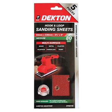 Dekton DT80746 Hook & Loop Sanding  Sheets 93mm x 230mm 80G Pack of 5