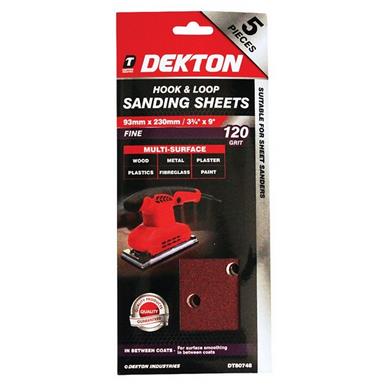 Dekton DT80748 Hook & Loop Sanding Sheets 93mm x 230mm 120G Pack of 5