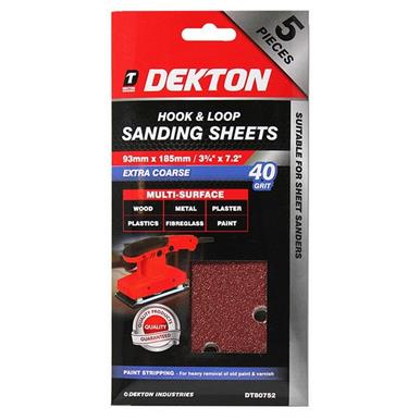 Dekton DT80752 Hook & Loop Sanding Sheets 93mm x 185mm 40G Pack of 5