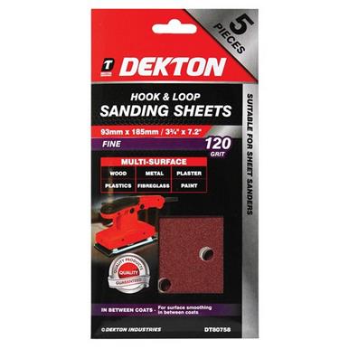 Dekton DT80758 Hook & Loop Sanding Sheets 93mm x 185mm 120G Pack of 5