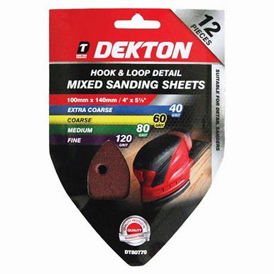 Dekton DT80770 Hook & Loop Detail Sanding Sheets 100mm x140mm Assorted Pack of 12  (40G, 60G, 80G & 120G)
