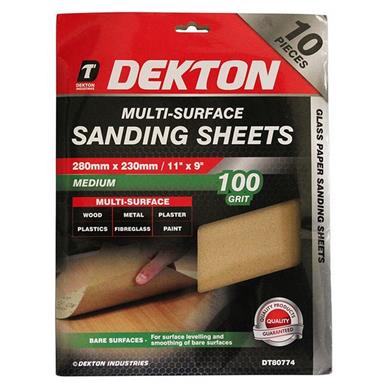 Dekton DT80774 Multi-Surface Sanding  Sheets 280mm x 230mm 100G Pack of 10