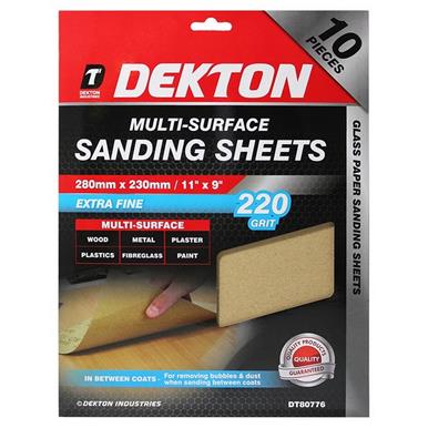 Dekton DT80776 Multi-Surface Sanding  Sheets 280mm x 230mm 220G Pack of 10