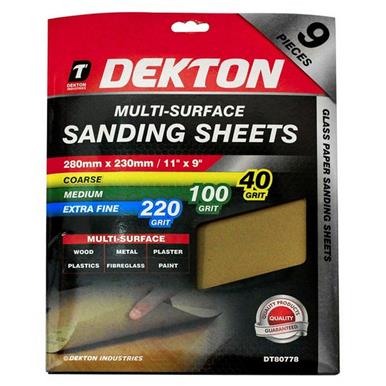 Dekton DT80778 Multi-Surface Sanding Sheets 280mm x 230mm Assorted Pack of 9