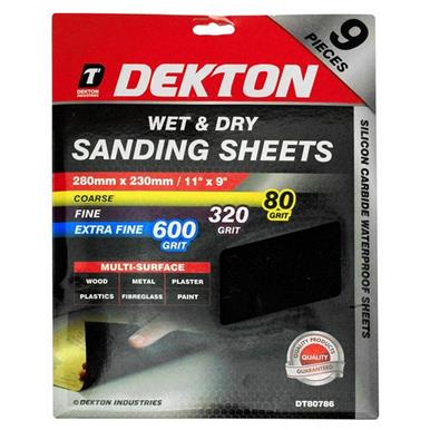 Dekton DT80786 Wet & Dry Sanding Sheets 280mm x 230mm Assorted Pack of 9