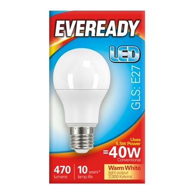 Eveready S13620 LED GLS ES E27 5W (40W) Warm White 470LM Box of 5