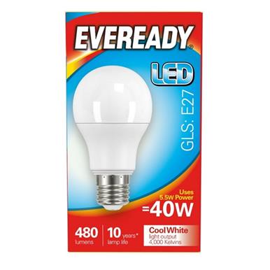 Eveready S14313 LED GLS ES E27 5W (40W) Cool White 470LM Box of 10