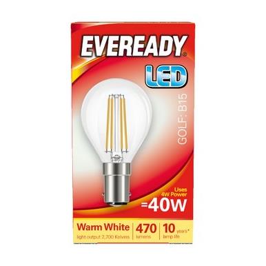 Eveready S15480 LED Filament Golf Bulb SBC B15 4W (40W) Warm White 470LM Box of 5
