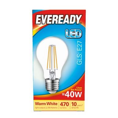 Eveready S15484 LED Filament GLS Bulb ES E27 4W (40W) Warm White 470LM Box of 5
