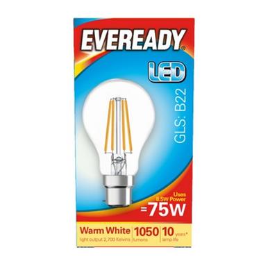 Eveready S15487 LED Filament GLS Bulb BC B22 8W (75W) Warm White 1050LM Box of 5