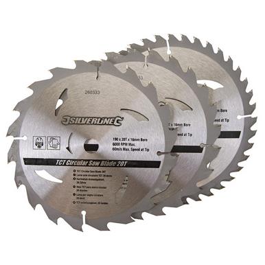 Silverline (260333) TCT Circular Saw Blades 20 24 40T 3pk 190 x 16 - No Ring