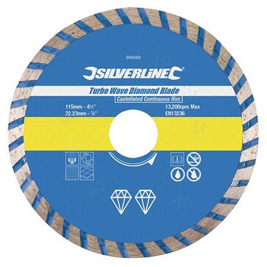 Silverline (868588) Turbo Wave Diamond Blade 115 x 22.23mm Castellated Continuous Rim